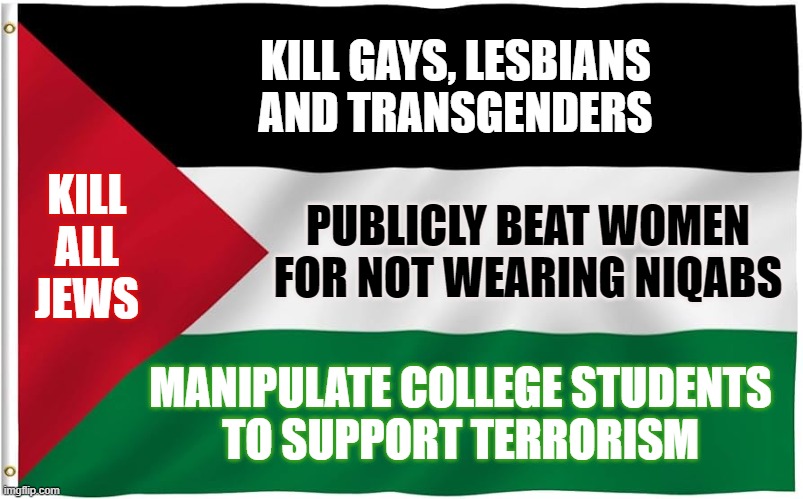 Redesign of Palestinian Flag | KILL GAYS, LESBIANS
AND TRANSGENDERS; KILL
ALL
JEWS; PUBLICLY BEAT WOMEN
FOR NOT WEARING NIQABS; MANIPULATE COLLEGE STUDENTS
TO SUPPORT TERRORISM | image tagged in palestinian flag | made w/ Imgflip meme maker