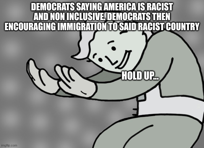 Hol' Up Immigration | DEMOCRATS SAYING AMERICA IS RACIST AND NON INCLUSIVE. DEMOCRATS THEN ENCOURAGING IMMIGRATION TO SAID RACIST COUNTRY; HOLD UP... | image tagged in hol up | made w/ Imgflip meme maker
