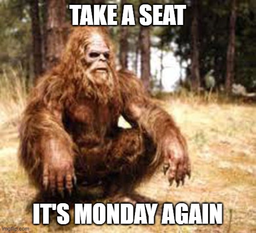 Monday | TAKE A SEAT; IT'S MONDAY AGAIN | image tagged in bigfoot | made w/ Imgflip meme maker