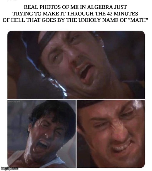 That is where I am rn, y'all I'm tired | REAL PHOTOS OF ME IN ALGEBRA JUST TRYING TO MAKE IT THROUGH THE 42 MINUTES OF HELL THAT GOES BY THE UNHOLY NAME OF "MATH" | image tagged in stallone struggle,school,math,alegbra | made w/ Imgflip meme maker