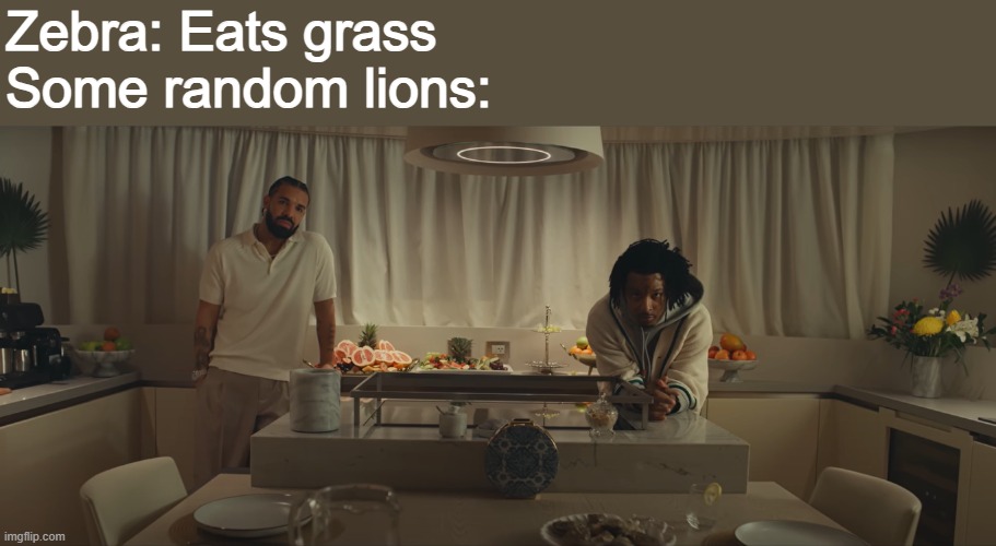 Lions be like | Zebra: Eats grass
Some random lions: | image tagged in drake and 21 savage spin bout u stare | made w/ Imgflip meme maker