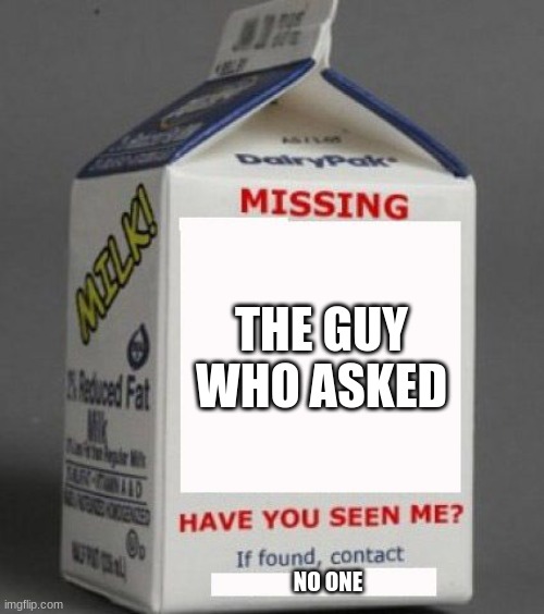Milk carton | THE GUY WHO ASKED; NO ONE | image tagged in milk carton | made w/ Imgflip meme maker