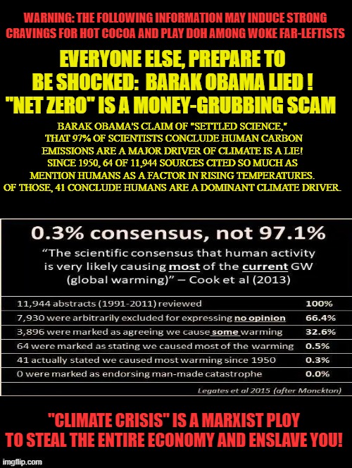I know it's hard to believe but... | WARNING: THE FOLLOWING INFORMATION MAY INDUCE STRONG CRAVINGS FOR HOT COCOA AND PLAY DOH AMONG WOKE FAR-LEFTISTS; EVERYONE ELSE, PREPARE TO BE SHOCKED:  BARAK OBAMA LIED ! "NET ZERO" IS A MONEY-GRUBBING SCAM; BARAK OBAMA'S CLAIM OF "SETTLED SCIENCE,"  THAT 97% OF SCIENTISTS CONCLUDE HUMAN CARBON EMISSIONS ARE A MAJOR DRIVER OF CLIMATE IS A LIE! SINCE 1950, 64 OF 11,944 SOURCES CITED SO MUCH AS MENTION HUMANS AS A FACTOR IN RISING TEMPERATURES. OF THOSE, 41 CONCLUDE HUMANS ARE A DOMINANT CLIMATE DRIVER. "CLIMATE CRISIS" IS A MARXIST PLOY TO STEAL THE ENTIRE ECONOMY AND ENSLAVE YOU! | image tagged in don't be scammed again | made w/ Imgflip meme maker