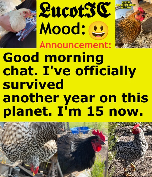 LucotIC's Cocks announcement template | 😃; Good morning chat. I've officially survived another year on this planet. I'm 15 now. | image tagged in lucotic's cocks announcement template | made w/ Imgflip meme maker
