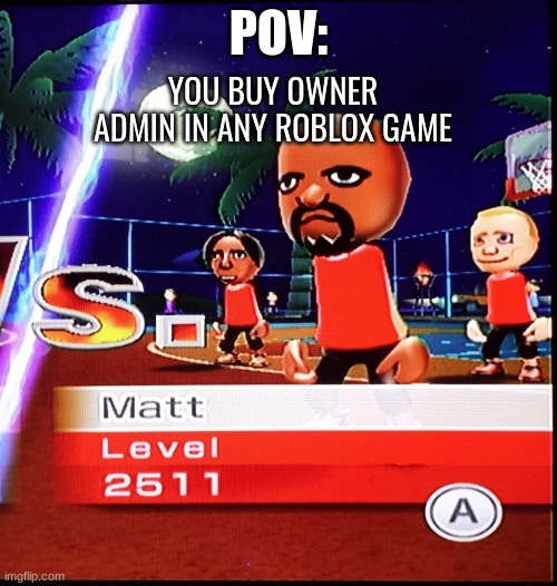 Matt Mii | YOU BUY OWNER ADMIN IN ANY ROBLOX GAME; POV: | image tagged in matt mii,mii,basketball | made w/ Imgflip meme maker