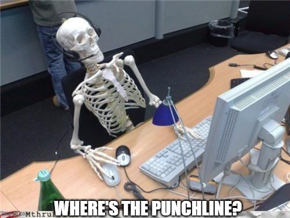 Waiting skeleton | WHERE'S THE PUNCHLINE? | image tagged in waiting skeleton | made w/ Imgflip meme maker