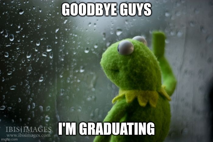 goodbye ((Lemonade_Cue-173 note: o7, have a good life bro)) | GOODBYE GUYS; I'M GRADUATING | image tagged in kermit window | made w/ Imgflip meme maker