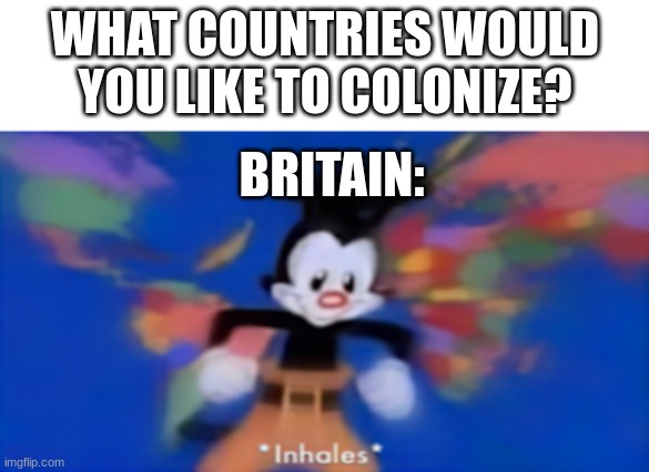 true | WHAT COUNTRIES WOULD YOU LIKE TO COLONIZE? BRITAIN: | image tagged in yakko inhale | made w/ Imgflip meme maker