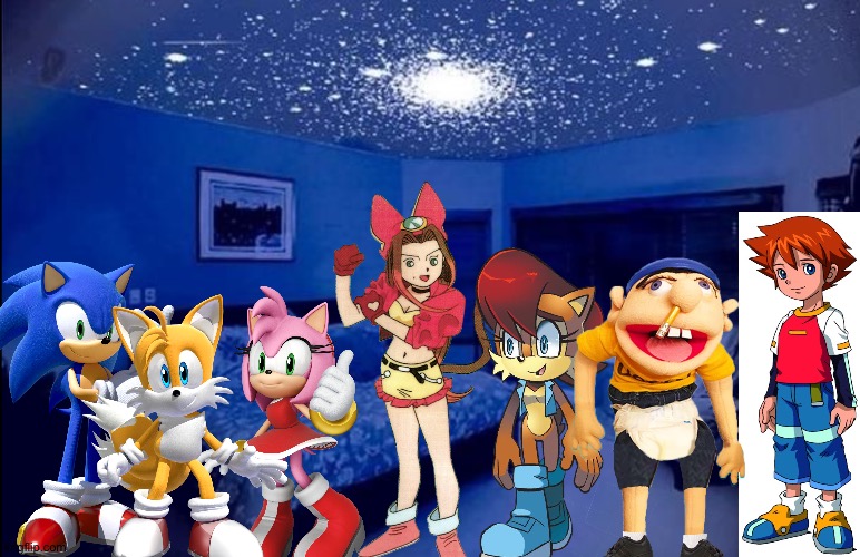 Sonic and Friends having a party at their Dark room w/ Led lights hotel room | image tagged in dark room w/ led lights hotel room,sonic the hedgehog,jeffy,sonic,crossover | made w/ Imgflip meme maker