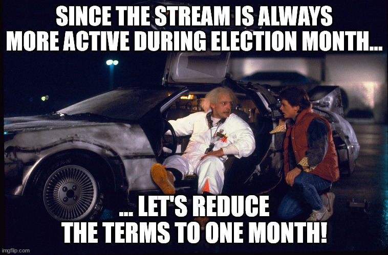 Another dumb idea by the Holy Crusader Party | SINCE THE STREAM IS ALWAYS MORE ACTIVE DURING ELECTION MONTH... ... LET'S REDUCE THE TERMS TO ONE MONTH! | image tagged in back to the future get in marty | made w/ Imgflip meme maker