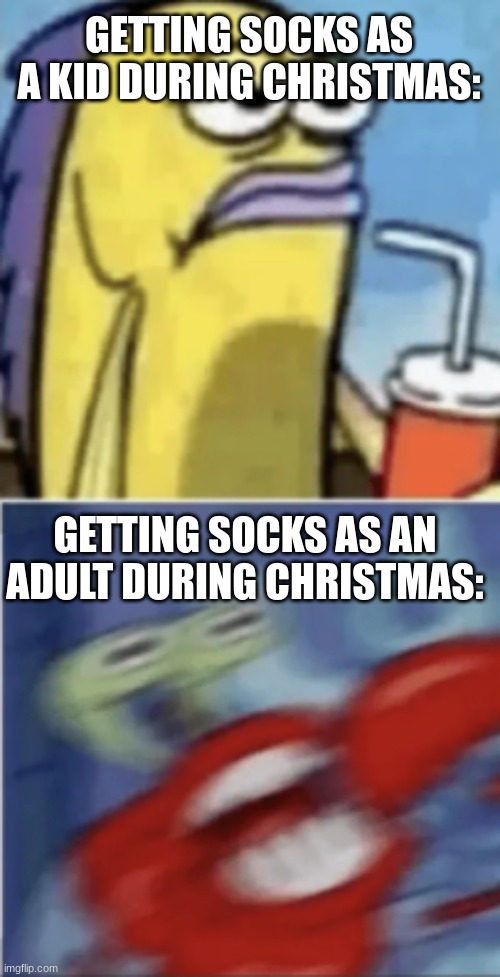 fr | GETTING SOCKS AS A KID DURING CHRISTMAS:; GETTING SOCKS AS AN ADULT DURING CHRISTMAS: | image tagged in memes,mr krabs,christmas,socks | made w/ Imgflip meme maker