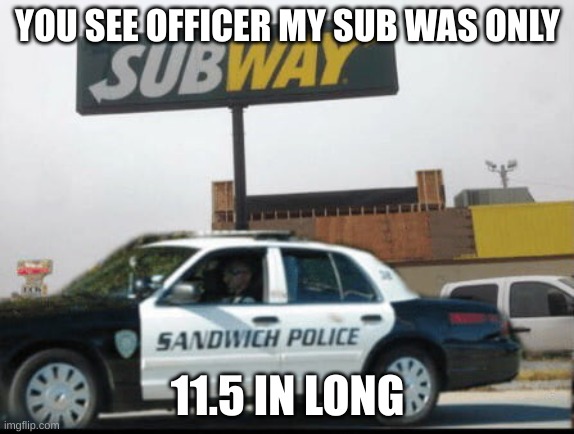 Sandwich police | YOU SEE OFFICER MY SUB WAS ONLY; 11.5 IN LONG | image tagged in sandwich police | made w/ Imgflip meme maker