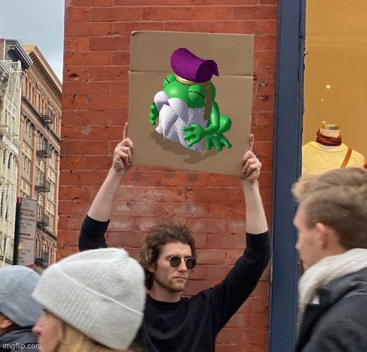 frog | image tagged in man with sign,super mario | made w/ Imgflip meme maker