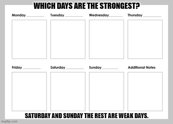 Daily Bad Dad Joke May 13, 2024 | WHICH DAYS ARE THE STRONGEST? SATURDAY AND SUNDAY THE REST ARE WEAK DAYS. | image tagged in this week in today - weekly calendar | made w/ Imgflip meme maker