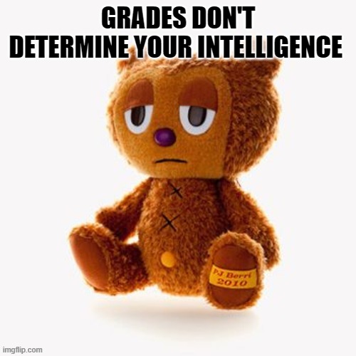 Pj plush | GRADES DON'T DETERMINE YOUR INTELLIGENCE | image tagged in pj plush | made w/ Imgflip meme maker