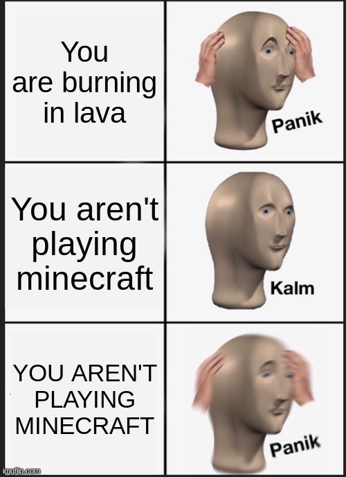 melting | You are burning in lava; You aren't playing minecraft; YOU AREN'T PLAYING MINECRAFT | image tagged in memes,panik kalm panik | made w/ Imgflip meme maker