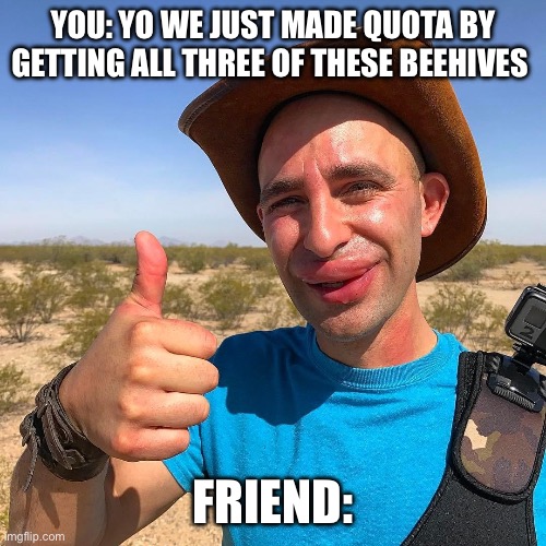 Lethal company meme | YOU: YO WE JUST MADE QUOTA BY GETTING ALL THREE OF THESE BEEHIVES; FRIEND: | image tagged in beehive,lethal company,quota,memes,funny,shitpost | made w/ Imgflip meme maker