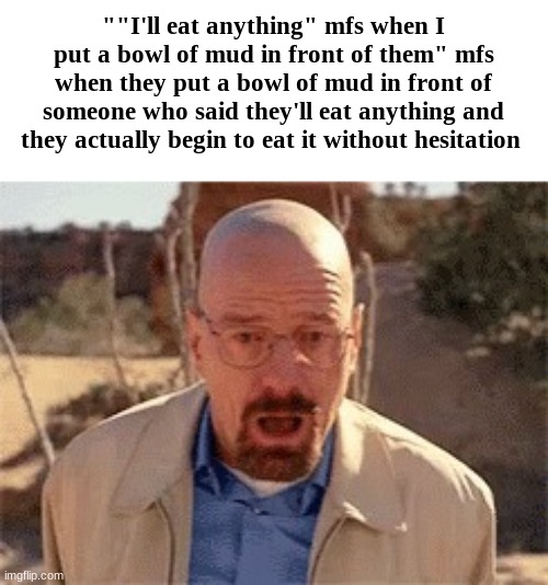 Walter White | ""I'll eat anything" mfs when I put a bowl of mud in front of them" mfs when they put a bowl of mud in front of someone who said they'll eat anything and they actually begin to eat it without hesitation | image tagged in walter white | made w/ Imgflip meme maker