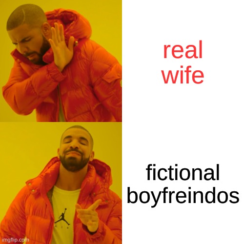 Drake Hotline Bling Meme | real wife; fictional boyfreindos | image tagged in memes,drake hotline bling | made w/ Imgflip meme maker