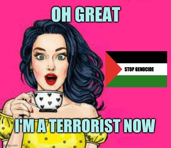 Stop the Murder! | OH GREAT; I'M A TERRORIST NOW | image tagged in girl drinking coffee,palestine,genocide,that face you make,make love not war,world peace | made w/ Imgflip meme maker
