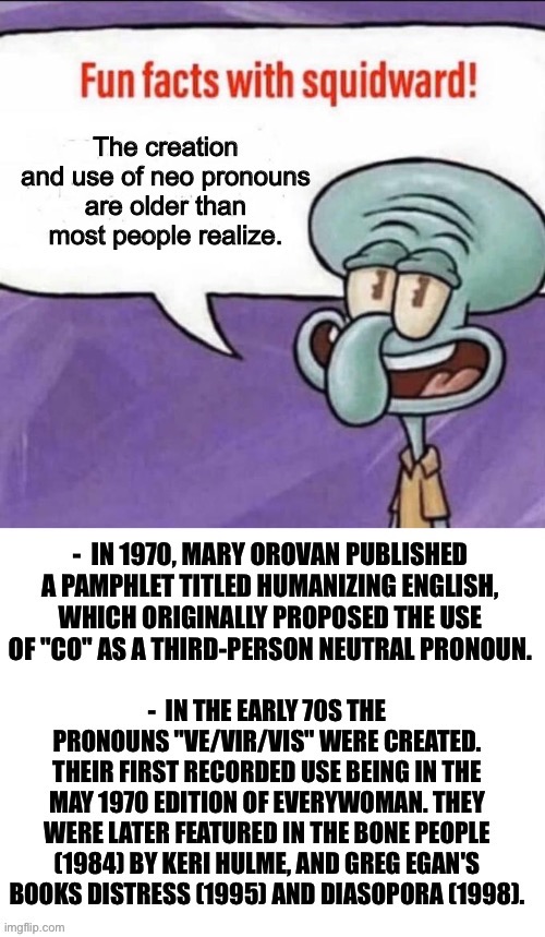 Lgbtq fun facts: Neo pronouns | image tagged in fun facts with squidward,lgbtq,neopronouns,pronouns,history,70's | made w/ Imgflip meme maker
