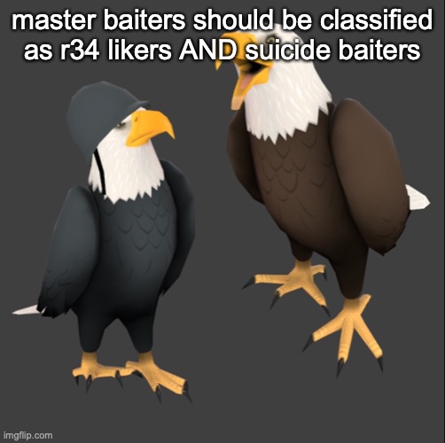 tf2 eagles | master baiters should be classified as r34 likers AND suicide baiters | image tagged in tf2 eagles | made w/ Imgflip meme maker