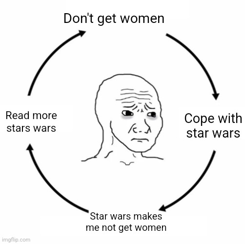 Sad wojak cycle | Don't get women; Cope with star wars; Read more stars wars; Star wars makes me not get women | image tagged in sad wojak cycle | made w/ Imgflip meme maker