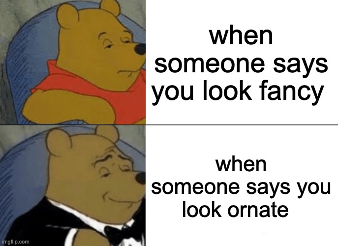 Tuxedo Winnie The Pooh Meme | when someone says you look fancy; when someone says you look ornate | image tagged in memes,tuxedo winnie the pooh | made w/ Imgflip meme maker