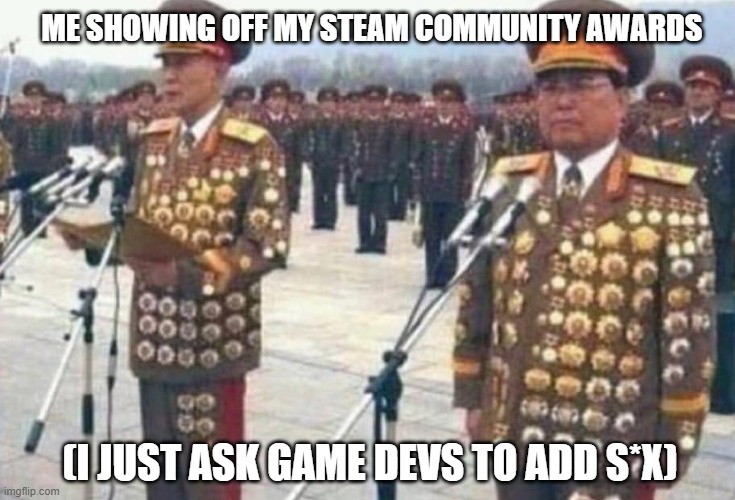 Add s*x | ME SHOWING OFF MY STEAM COMMUNITY AWARDS; (I JUST ASK GAME DEVS TO ADD S*X) | image tagged in north korean medals | made w/ Imgflip meme maker