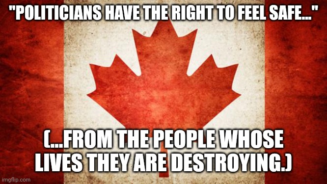 O, Clownada | "POLITICIANS HAVE THE RIGHT TO FEEL SAFE..."; (...FROM THE PEOPLE WHOSE LIVES THEY ARE DESTROYING.) | image tagged in canada,meanwhile in canada | made w/ Imgflip meme maker