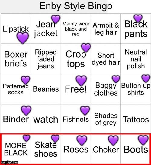 Enby style bingo | image tagged in enby style bingo,nonbinary,non-binary,enby,clothes,style | made w/ Imgflip meme maker