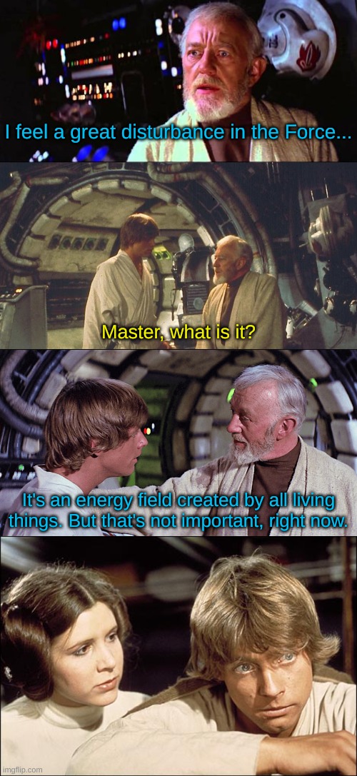 Surely, the Force is with you | I feel a great disturbance in the Force... Master, what is it? It's an energy field created by all living things. But that's not important, right now. | image tagged in luke skywalker,ben kenobi,but that's not important right now | made w/ Imgflip meme maker
