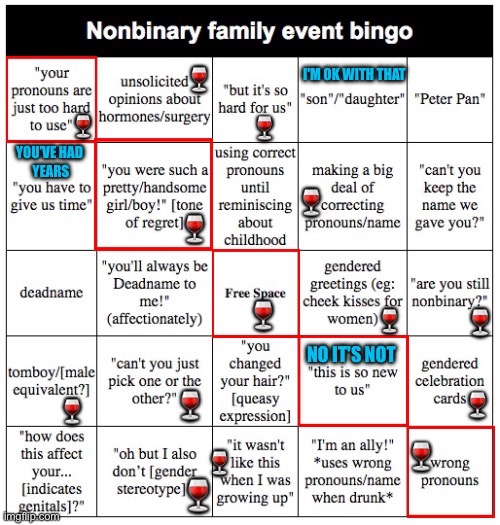 Nonbinary family event bingo | image tagged in nonbinary family event bingo,nonbinary,lgbtq,bingo,family,pronouns | made w/ Imgflip meme maker
