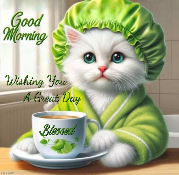 Good Morning | image tagged in good morning,cat,kitty,coffee,have a nice day,blessed | made w/ Imgflip meme maker