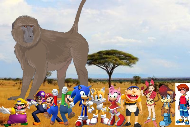 Wario and Friends dies by Baboon kong because of Waluigi and Jeffy provoking him while exploring at the savannah | image tagged in savannah,wario dies,super mario,jeffy,sonic the hedgehog,crossover | made w/ Imgflip meme maker