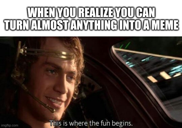 imagine becoming a meme | WHEN YOU REALIZE YOU CAN TURN ALMOST ANYTHING INTO A MEME | image tagged in this is where the fun begins,memes | made w/ Imgflip meme maker