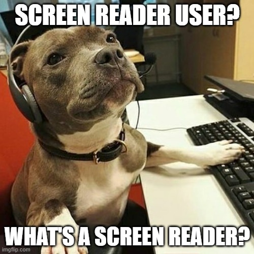 pit bull tech support | SCREEN READER USER? WHAT'S A SCREEN READER? | image tagged in pit bull tech support | made w/ Imgflip meme maker