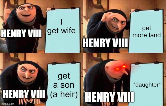 Henry VIII plan | I get wife; get more land; HENRY VIII; HENRY VIII; get a son (a heir); *daughter*; HENRY VIII; HENRY VIII | image tagged in memes,gru's plan | made w/ Imgflip meme maker