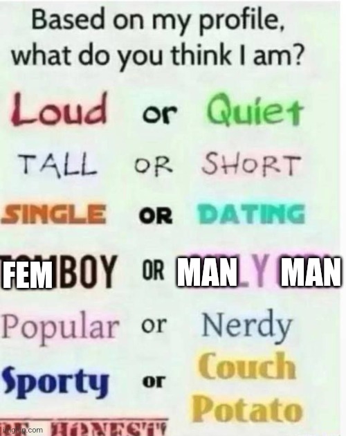 I have said most of these | MAN       MAN; FEM | image tagged in based on my profile what do you think i am | made w/ Imgflip meme maker