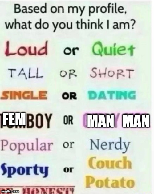 based on my profile what do you think I am? | MAN   MAN; FEM | image tagged in based on my profile what do you think i am | made w/ Imgflip meme maker