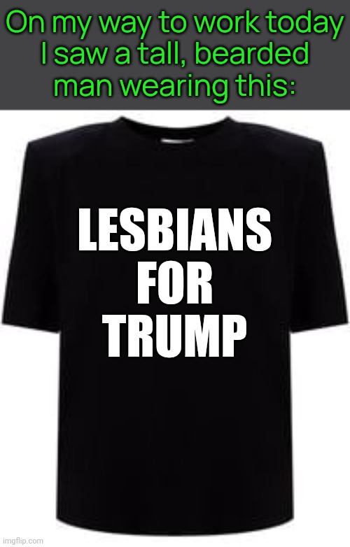 Shake My Head. | On my way to work today
I saw a tall, bearded
man wearing this:; LESBIANS
FOR
TRUMP | image tagged in blank shirt,dude wtf,maga,gender confusion,homophobia,mocking | made w/ Imgflip meme maker