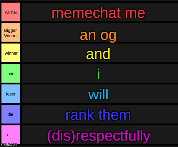 lets see who actually gets it | memechat me; an og; and; i; will; rank them; (dis)respectfully | image tagged in yoshi's tier list | made w/ Imgflip meme maker