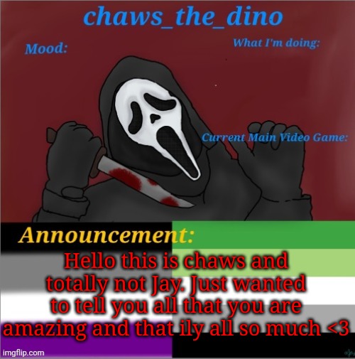 Chaws_the_dino announcement temp | Hello this is chaws and totally not Jay. Just wanted to tell you all that you are amazing and that ily all so much <3 | image tagged in chaws_the_dino announcement temp | made w/ Imgflip meme maker