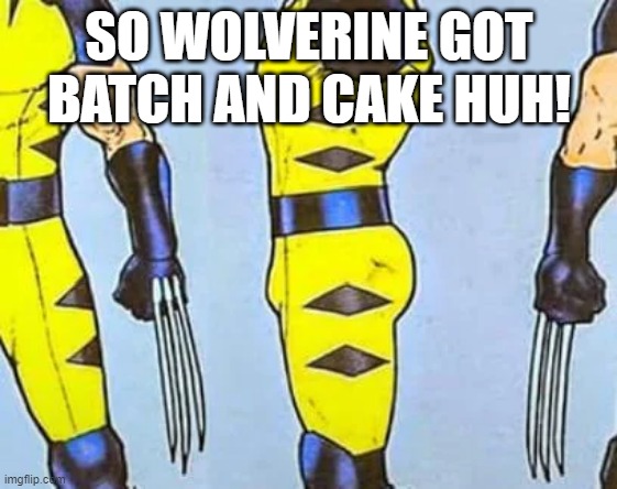 Go Wolverine! | SO WOLVERINE GOT BATCH AND CAKE HUH! | image tagged in wolverine | made w/ Imgflip meme maker