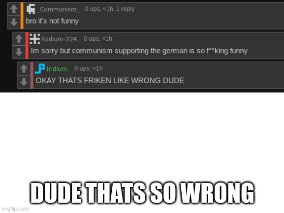 bro is lutteraly saying its funny that a somewhat Russian person is allying with a partially  German person is funny | DUDE THATS SO WRONG | image tagged in blank white template | made w/ Imgflip meme maker