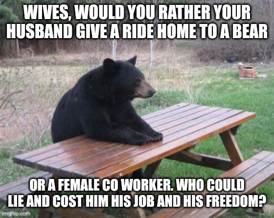 Bad Luck Bear | WIVES, WOULD YOU RATHER YOUR HUSBAND GIVE A RIDE HOME TO A BEAR; OR A FEMALE CO WORKER. WHO COULD LIE AND COST HIM HIS JOB AND HIS FREEDOM? | image tagged in memes,bear,women,rather,trending | made w/ Imgflip meme maker