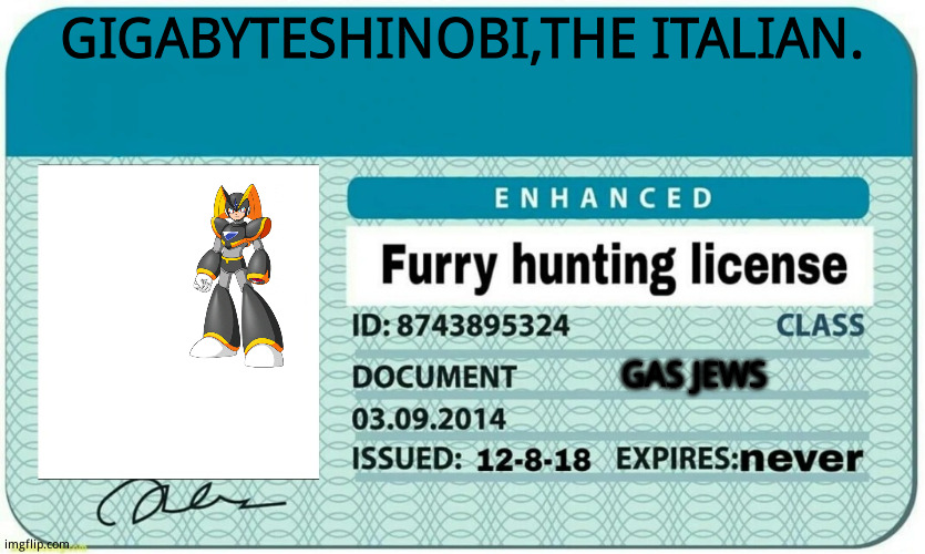 furry hunting license | GIGABYTESHINOBI,THE ITALIAN. GAS JEWS | image tagged in furry hunting license | made w/ Imgflip meme maker