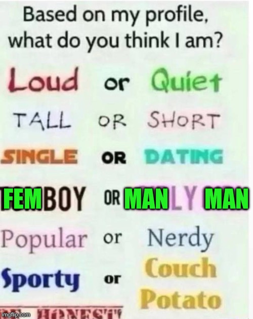 Trends are cool | MAN        MAN; FEM | image tagged in based on my profile what do you think i am | made w/ Imgflip meme maker