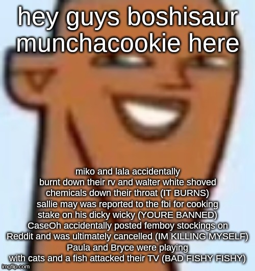 justin | hey guys boshisaur munchacookie here; miko and lala accidentally burnt down their rv and walter white shoved chemicals down their throat (IT BURNS)
sallie may was reported to the fbi for cooking stake on his dicky wicky (YOURE BANNED)
CaseOh accidentally posted femboy stockings on Reddit and was ultimately cancelled (IM KILLING MYSELF)
Paula and Bryce were playing with cats and a fish attacked their TV (BAD FISHY FISHY) | image tagged in justin | made w/ Imgflip meme maker