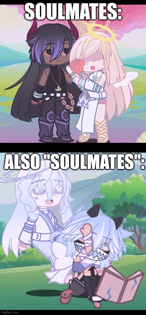 Context: the two blue ppl are literally connected by soul and the floating one lives asa water entity | SOULMATES:; ALSO "SOULMATES": | made w/ Imgflip meme maker